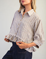 Coco Striped Ruffle Hem Button Down Top