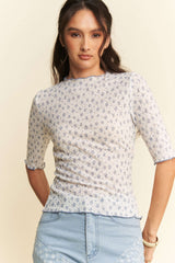 White and Blue Short Sleeve Floral Mesh Top