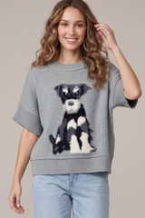 Grey Drop Shoulder Schnauzer Short Sleeve Sweater