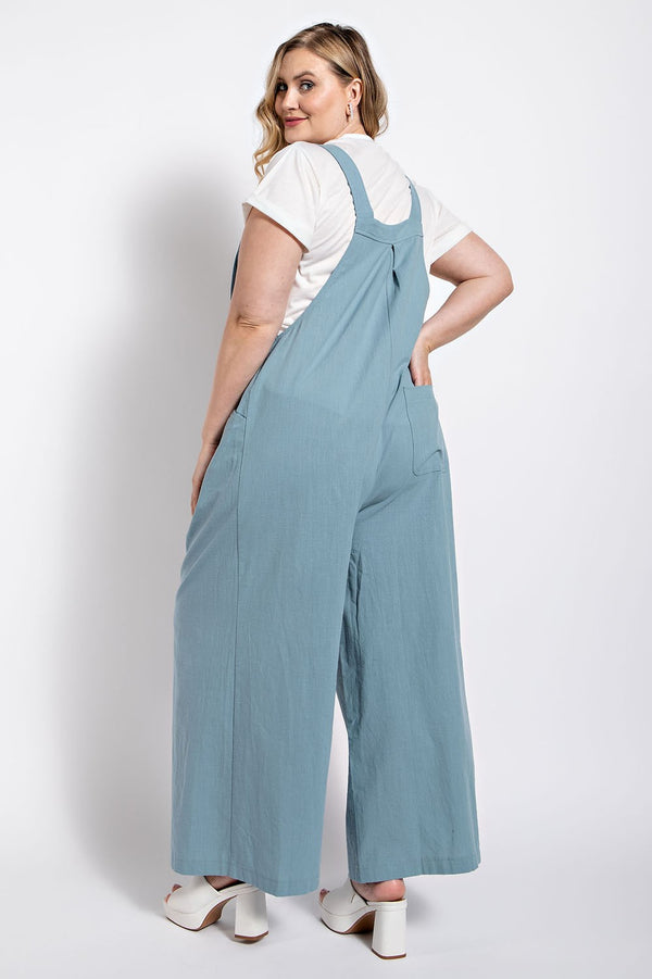 Curvy Light Blue Pintuck Overalls with Pockets