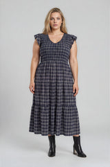 Curvy Navy Plaid V-Neck Smocked Midi Dress