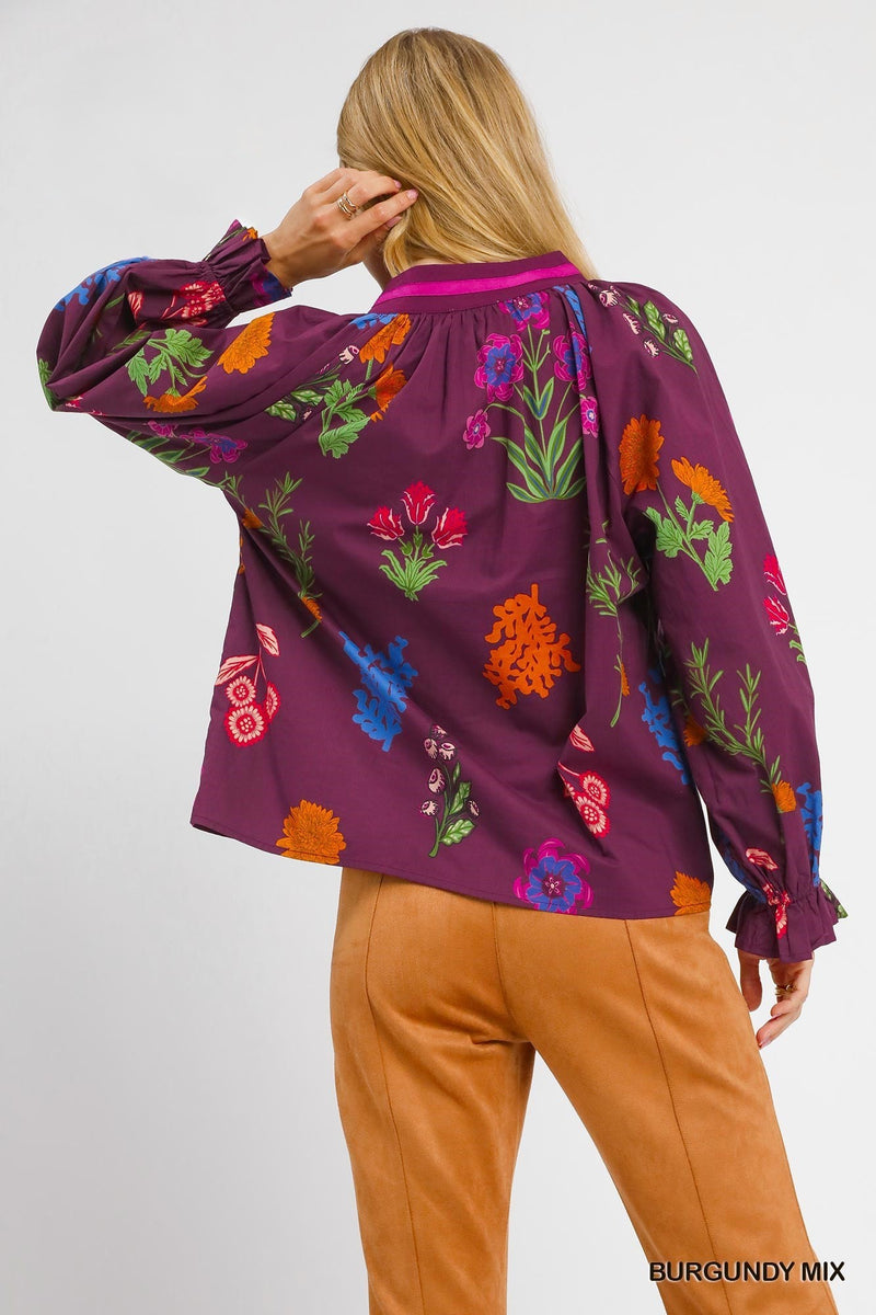 Floral Print V Neck Collar Top