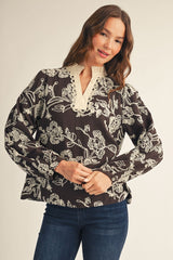 Brown Ruffled Neck Floral Embroidered Top
