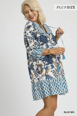 Curvy Blue Mixed Print Dress