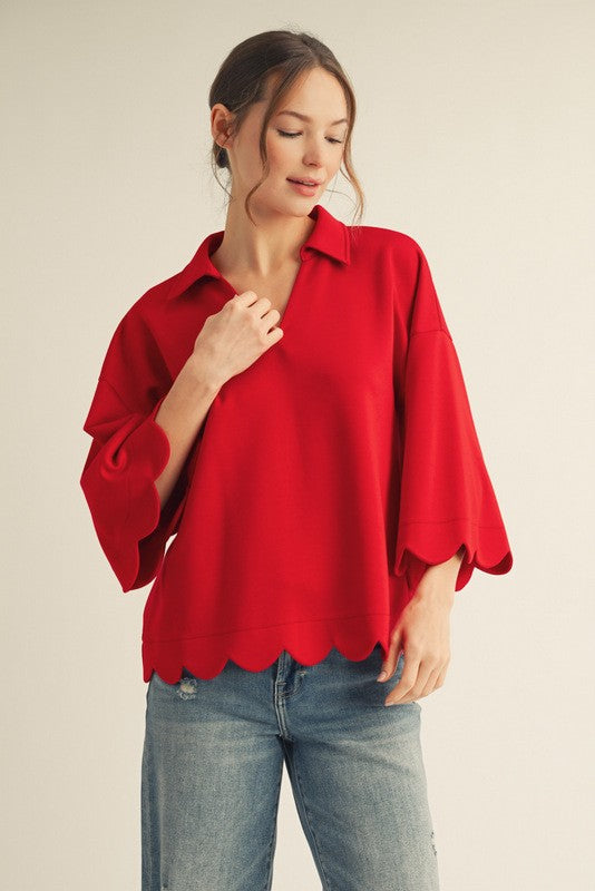 Scalloped Edge 3/4 Sleeve Top