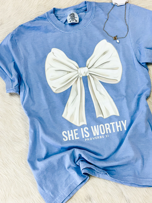 She is Worthy Blue Tee with Cream bow