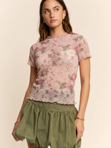 Pink Floral Mesh Top with Ruffle Edge