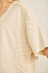Cream Exposed Seam Textured V Neck Top