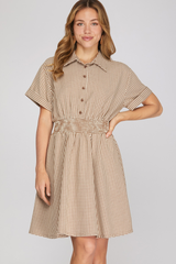 Brown Gingham Elastic Waist Collared Dress