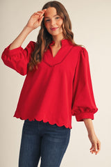 3/4 Puff Sleeve V Neck Scallop Hem Top