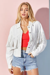 Cropped White Denim Fringe Jacket