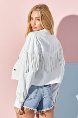 Cropped White Denim Fringe Jacket