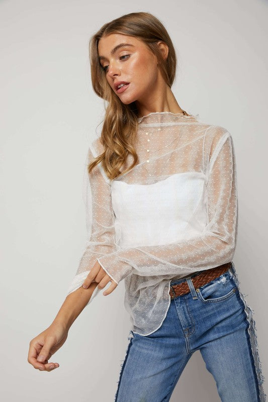Sheer Lace Mock Neck Top