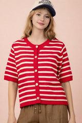 Striped Button Down Short Sleeve Sweater