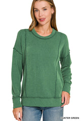 Corded Rib Long Sleeve Round Neck Pullover