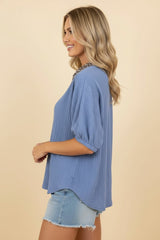 Blue Crinkle Top With Leopard Contrast Collar