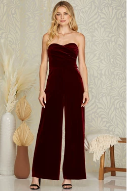 Wine Strapless Velvet Jumpsuit