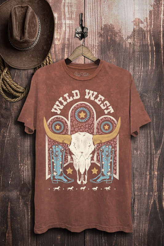 Curvy Acid Wash Wild West Tee Wine