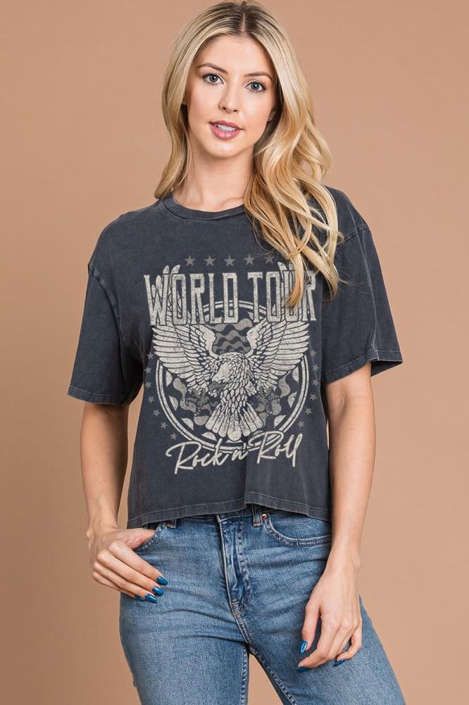 Black Cropped World Tour Rock N Roll Graphic Tee