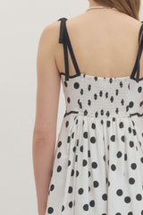 Polka Dot Tie Shoulder Scallop Trim Midi Dress