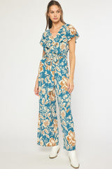 Teal Front Tie Rust Floral Jumpsuit