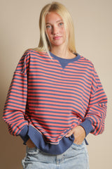Striped Terry Cloth Side Slit Crewneck