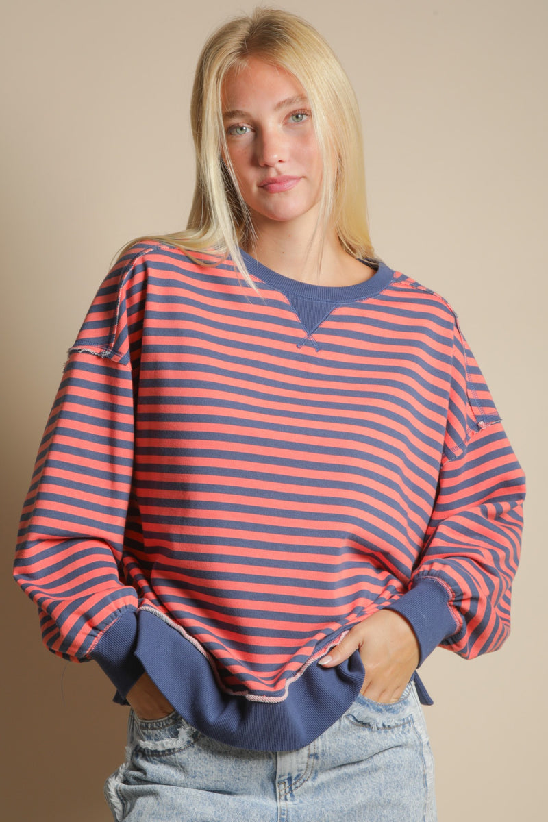 Striped Terry Cloth Side Slit Crewneck