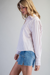 Blush Striped Collared V-Neck Top