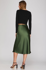 Olive Satin Bias Midi Skirt