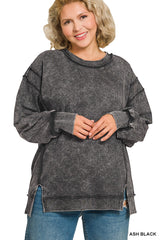 Curvy Acid Wash F/ Terry Exposed-Seam Sweatshirt