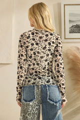Floral Mesh Shirt With Velour Embellishment