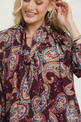 Plum Paisley Print V-neck Top