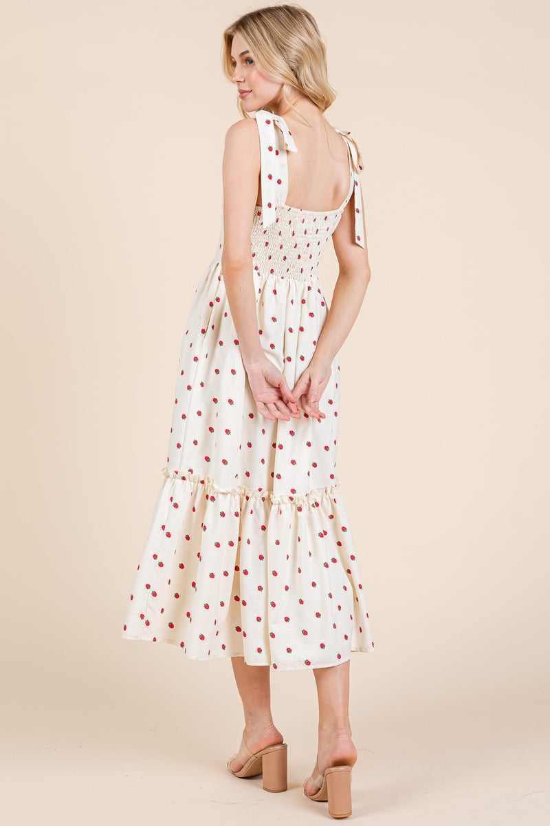 Curvy Cream Strawberry Print Ruffle Midi