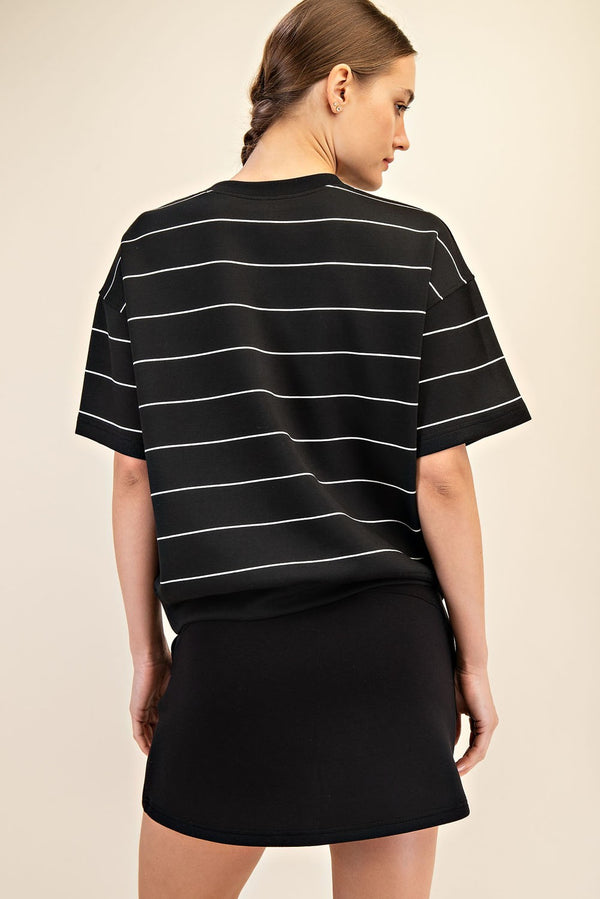 Curvy Black Modal White Stripe Crew Neck Top