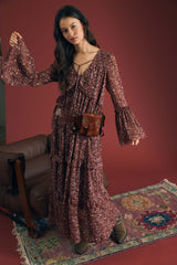 Burgundy Floral Organza Long Sleeve Dress