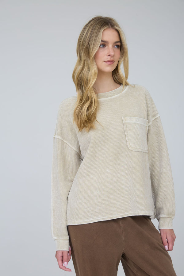 Textured Long Sleeve Top with Pocket