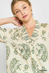 Green Linen V Neck Top