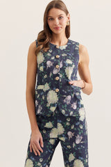 Navy Floral Sleeveless Gold Button Front Top