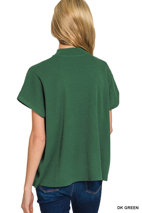 Dark Green Mock Neck Short Sleeve Sweater