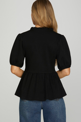 Black Short Sleeve Soft Ruffled Neck Top