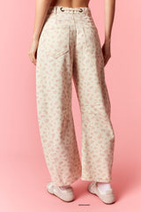 Pink Ditsy Floral Barrel Leg Denim Pants with Tie