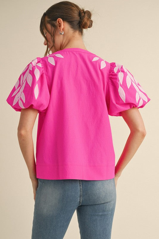 Curvy Pink Leaf Embroidered Puff Sleeve Top