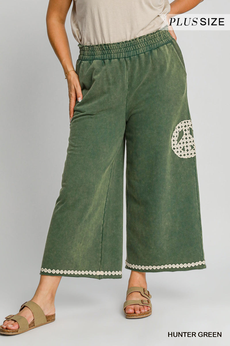 Curvy Hunter Green Peace Sign Embellished Cropped Pants