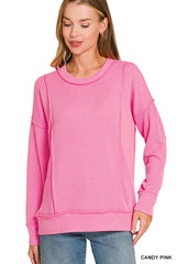Corded Rib Long Sleeve Round Neck Pullover