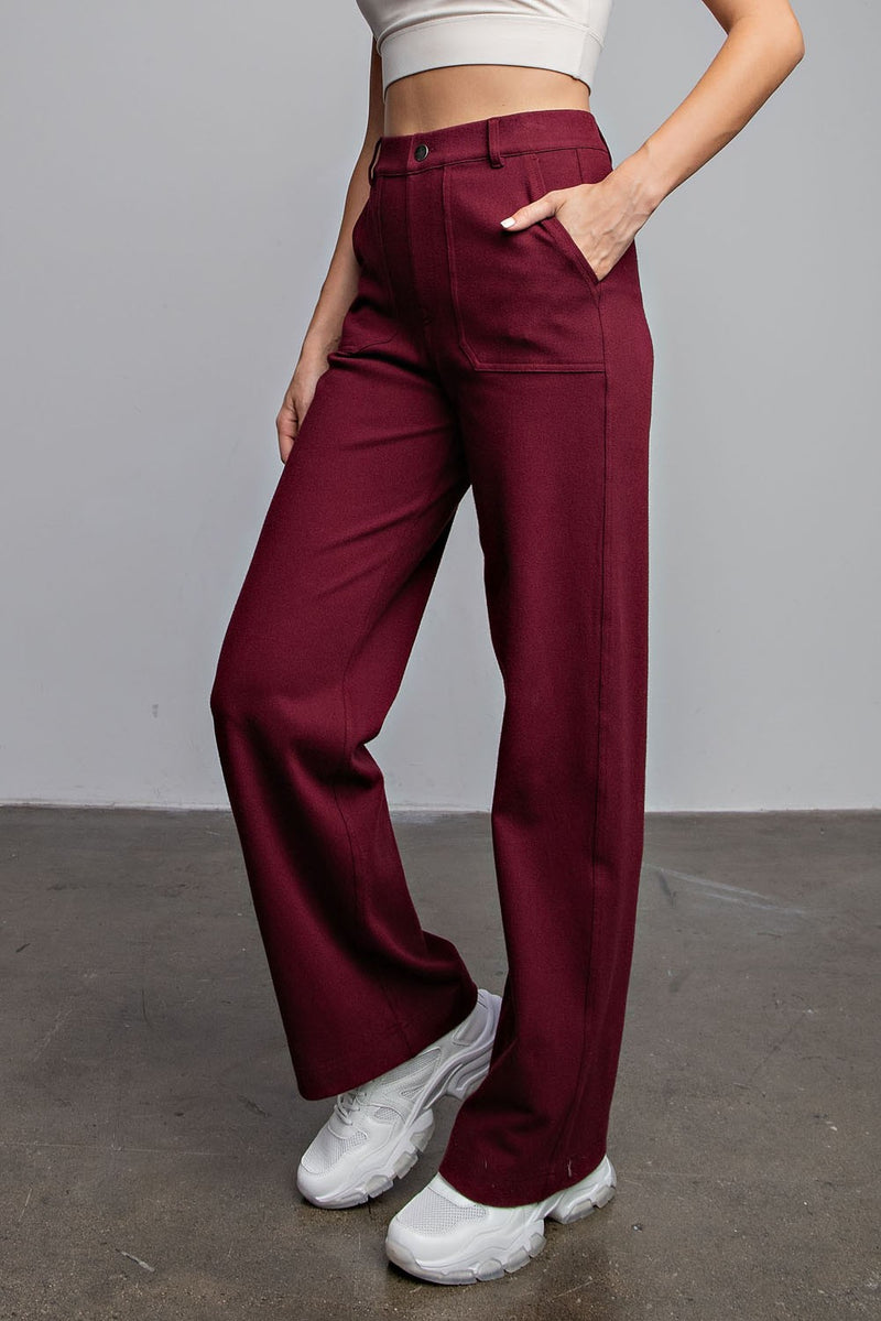 Maroon Twill Stretch Wide Leg Pants