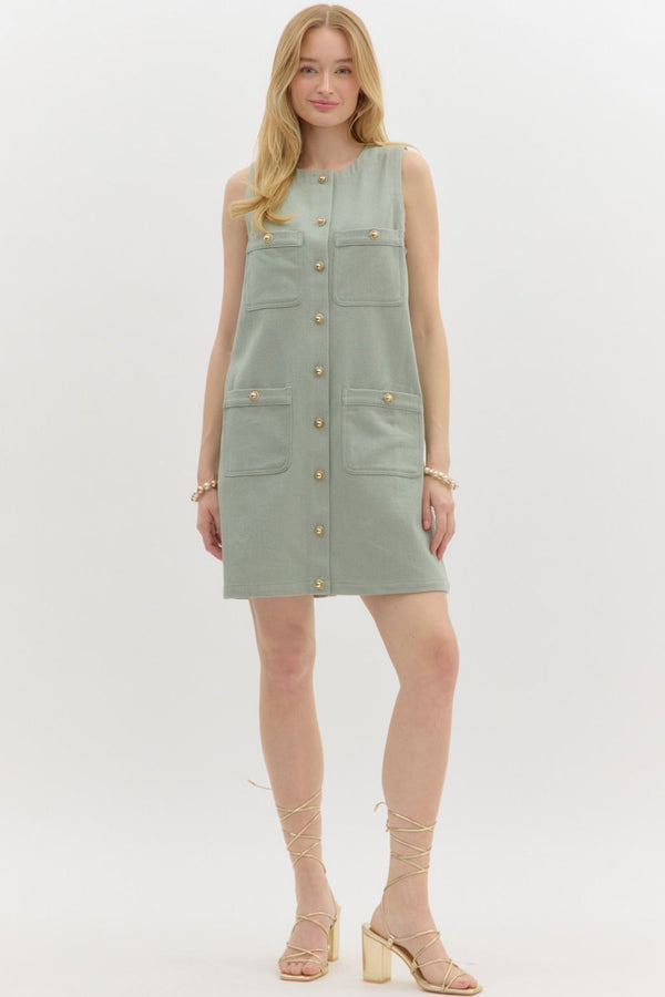 Green Dress W/ Pockets & Gold Buttons