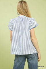 Blue and White Stripe Applique Cap Sleeve Top