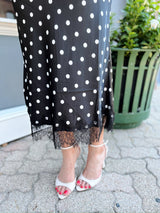 Black Polka Dot Lace Hem Satin Skirt