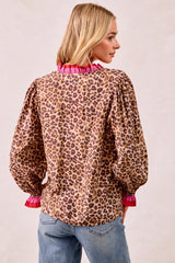 Leopard Printed Top With Colorful Pleated Trim