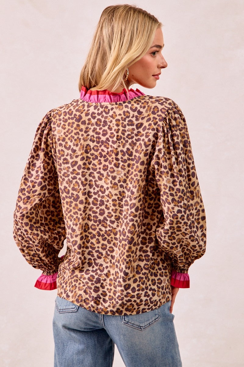 Leopard Printed Top With Colorful Pleated Trim
